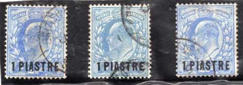 BRITISH LEVANT 1911-13 DEFIN 3 x 1Pi ON 2,5d VFU. SG25, 26 & 26a. CAT 19,50 POUNDS. (2018)