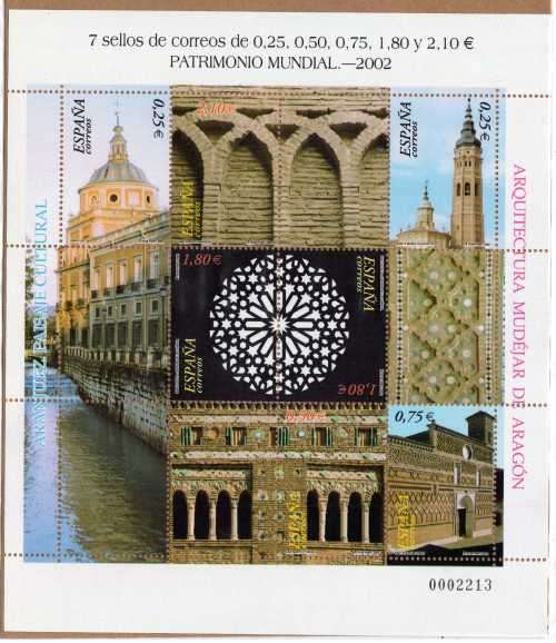 SPAIN 2002 UNESCO WORLD HERITAGE SITES SHEET OF 7 UMM. SG 3906-11. CAT 15,25 POUNDS. (2013)