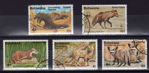 BOTSWANA 1977 DEMINISHING SPECIES SET OF 5 V.F.U. SG 394-98. CAT 9,5 POUNDS.