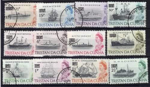 TRISTAN DA CUNHA 1971 SHIP DECIMAL DEFIN SET OF 12 VFU. SG 137-148. CAT 24,90 POUNDS. (2013)
