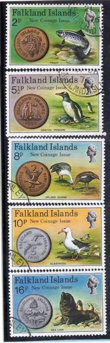 FALKLAND ISLANDS 1975 "NEW COINAGE" SET OF 5 VFU. SG 316-320. CAT 8,75 POUNDS.