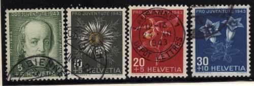 SWITZERLAND 1943 "PRO JUVENTUTE" SET OF 4 VFU. SG J104-J107. CAT 14,75 POUNDS.