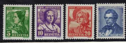 SWITZERLAND 1935 "PRO JUVENTUTE" SET OF 4 LIGHTLY MOUNTED MINT. SG J72-J75. CAT 4,85 POUNDS.