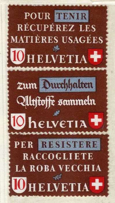 SWITZERLAND 1942 "SALVAGE CAMPAIGN" SET OF 3 UMM. SG 427 F, G & I. CAT 8,10 POUNDS.