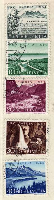 SWITZERLAND 1954 PRO-PATRIA SET OF 5 VFU EXCEPT 5c + 5c. SG 553-557. CAT 31 POUNDS.