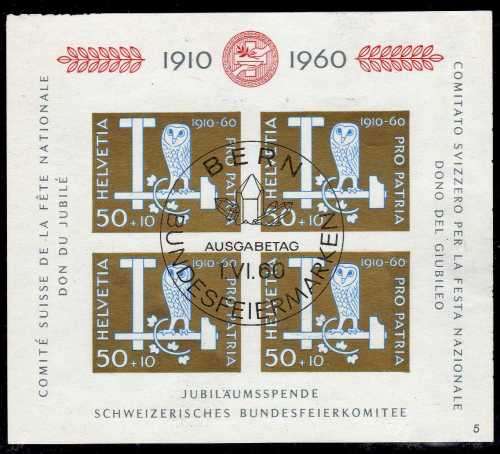 SWITZERLAND 1960 "50TH ANNIV PRO-PATRIA CHARITY FUND" MINI SHEET VFU. SG MS 641. CAT 30 POUNDS.