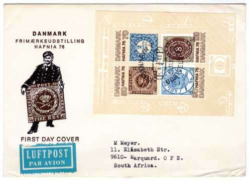 DENMARK 1975 "HAFNIA STAMP EXHIBITION" MINI SHEET ON F.D.C. SG MS 617. CAT FOR MS 2,75 POUNDS (2005)