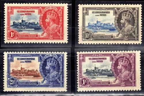 ST KITTS-NEVIS 1935 KGV SILVER JUBILEE SET OF 4 MM WITH VARIETY. SG 61-4. CAT 17 POUNDS. (2018)