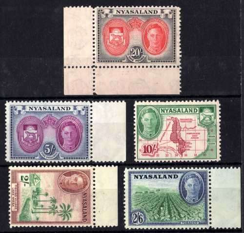 NYASALAND 1945 DEFIN 5 HIGH VALUES 2/- TO 20/- UNMOUNTED MINT. SG 153-157. CAT 81 POUNDS.