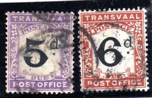 TRANSVAAL 1907 POSTAGE DUE 5d & 6d GOOD USED SACC 5 & 6. CAT R490.