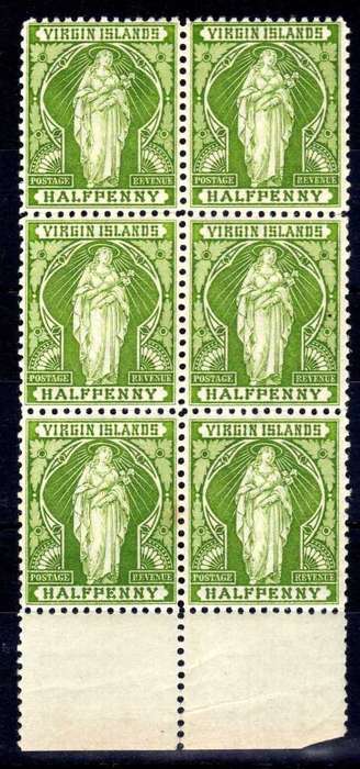 BRITISH VIRGIN ISLANDS 1899 DEFIN 1/2d YELLOW-GREEN UMM BLOCK OF 6. SG 43. CAT 24 POUNDS. (2018)