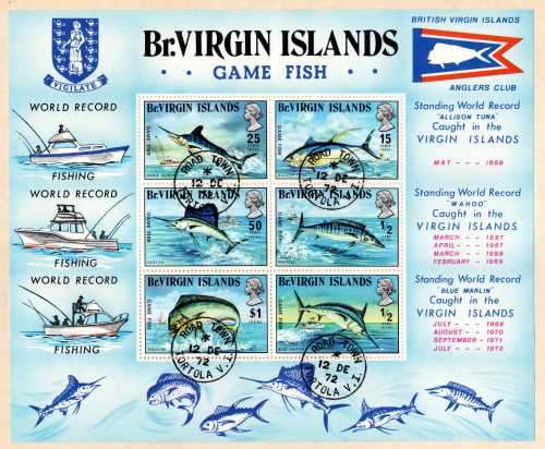 BRITISH VIRGIN ISLANDS 1972 GAME FISH MINI SHEET OF 6 VFU. SG 283. CAT 8,50 GBP. (2012)