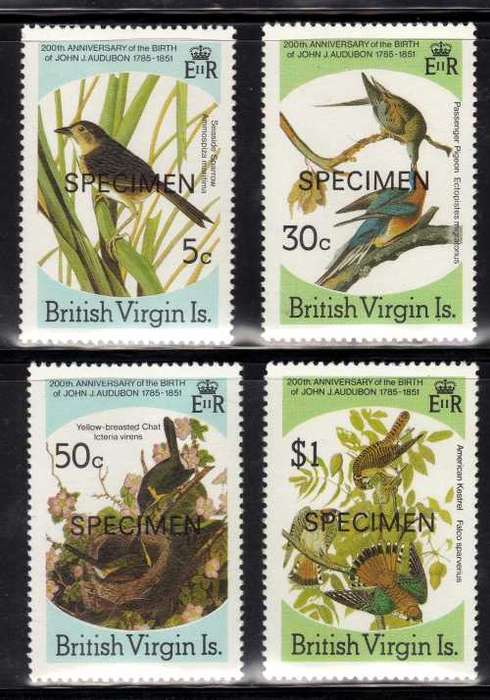 BRITISH VIRGIN ISLANDS 1985 AUDUBON BICENT "BIRDS" SPECIMEN SET OF 4 UMM. SG 588-91.