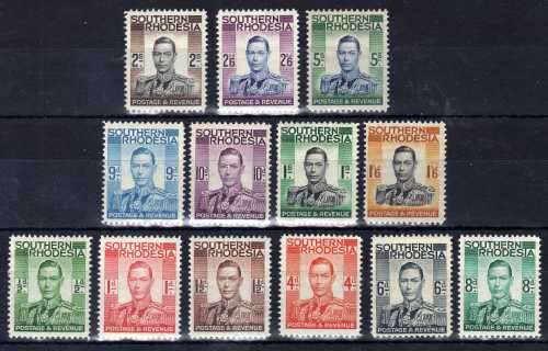 SOUTHERN RHODESIA 1937 DEFIN SET OF 13 LMM BUT 1/6d & 5/- HAVE SMALL THINS. SACC 42-54. CAT R1795.