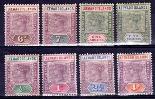 LEEWARD ISLANDS 1890 QV DEFIN SET OF 8 VERY FINE MOUNTED MINT. SG 1-8. CAT 190 POUNDS. (2018)