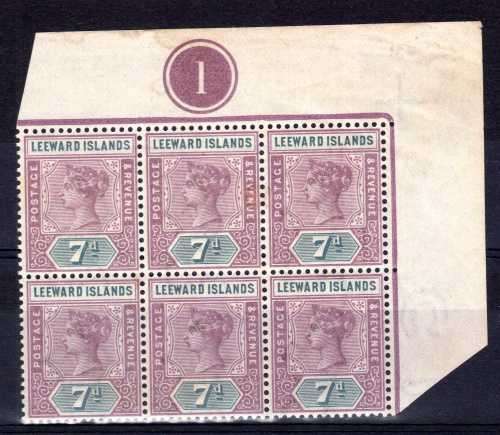 LEEWARD ISLANDS 1890 QV 7d CORNER BLOCK OF 6 PLATE "1" UMM. SG 6. CAT 66 GBP x 2 FOR PLATE & UMM +