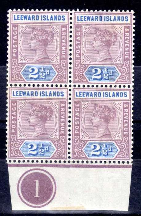 LEEWARD ISLANDS 1890 QV 2,5d BOTTOM BLOCK OF 4 PLATE "1" MINT SG 3. CAT 36 GBP x 2 PLATE & UMM PAIR+