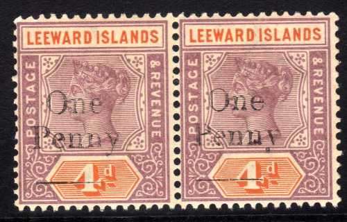LEEWARD ISLANDS 1902 QV LOCAL SURCHARGE "One Penny" ON 4d UMM PAIR. SG 17.