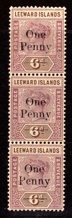 LEEWARD ISLANDS 1902 QV LOCAL SURCHARGE "One Penny" ON 6d STRIP OF 3 UMM. SG 18. CAT 24 GBP++ (2018)