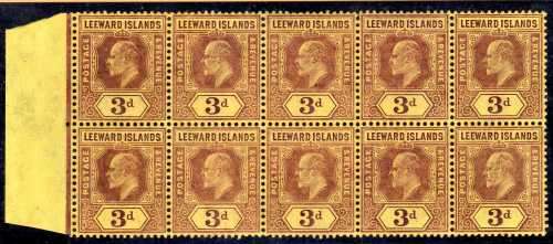 LEEWARD ISLANDS 1907-11 KEVII 3d LEFT MARGINAL BLOCK OF 10 UMM. SG 41. CAT 52,50 POUNDS.