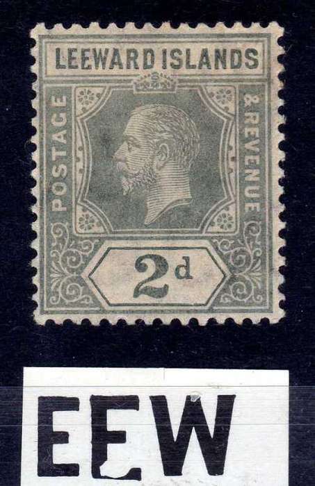LEEWARD ISLANDS 1912-22 KGV 2d UNLISTED SHADE + DAMAGED "E" VARIETY LIGHTLY MOUNTED MINT. SG 49 var.