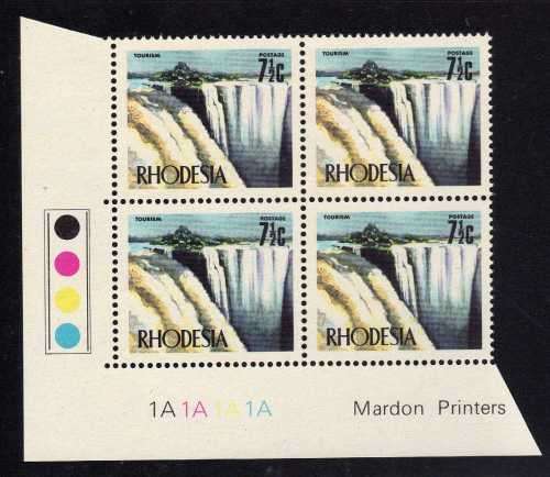 RHODESIA 1973 DEFIN 7½c CONTROL BLOCK OF 4 STAMPS UMM SELVAGE 1 HINGE. SACC 204. CAT R400+