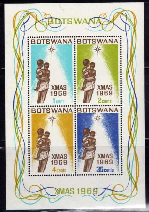 BOTSWANA 1969 CHRISTMAS MINI SHEET STAMPS UMM BUT MOUNTED IN MARGIN. SG MS260.