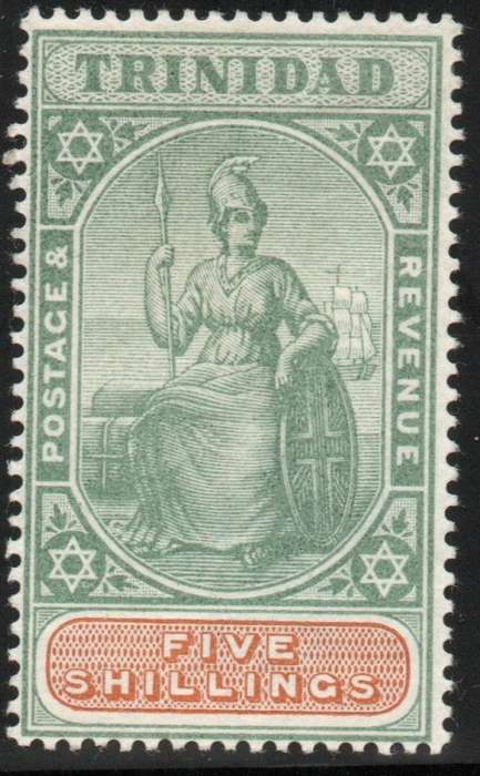 TRINIDAD 1896-1906 DEFIN 5/- GREEN & BROWN MOUNTED MINT. SG 122. CV £60 (2018)