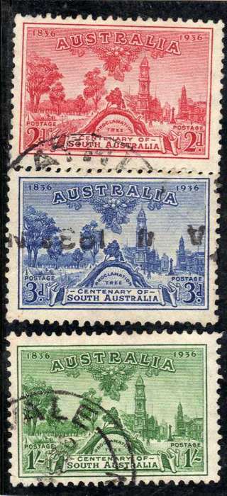 AUSTRALIA 1936 "CENTENARY OF SOUTH AUSTRALIA" SET OF 3 VERY FINE USED. SG 161-3. CAT £15. (2018)