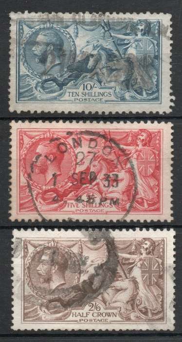 GREAT BRITAIN 1918-19 BRADBURY WILKINSON SEA HORSES SET OF 3 FINE-VFU. SG 415a, 416, 417. CAT £385.