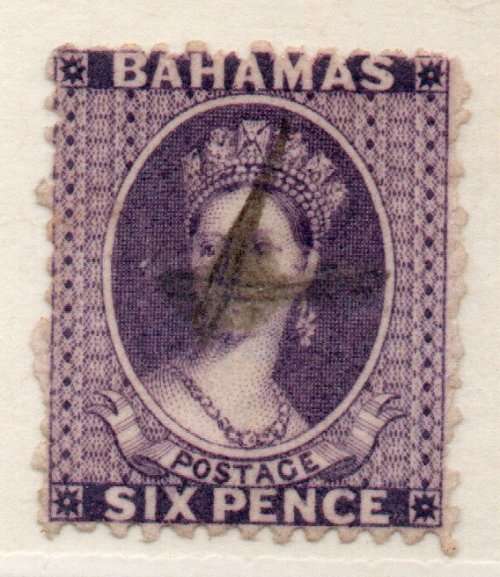 BAHAMAS 1863-77 QV DEFIN 6d DEEP VIOLET PERF 12½ WMK CROWN CC FINE USED. SG 31. CAT £60. (2018)