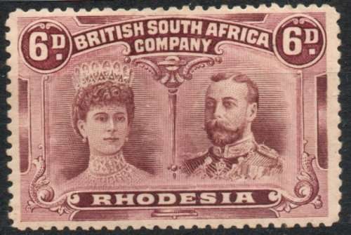 RHODESIA BSA COY 1910 DOUBLE HEAD 6d RED-BROWN AND MAUVE PERF 14 FINE MM. SG 144. CAT £50. (2018)