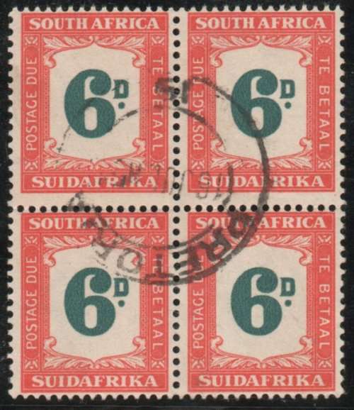 South Africa 1948-49 postage due 6d block of 4 very fine used. SG D38. Cat £32. (2018)