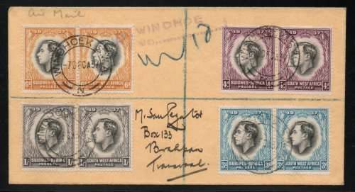 South West Africa 1937 Coronation KGVI set of 8 on two registered covers from Windhoek to Brakpan.