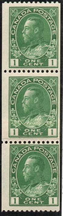 Canada 1911-22 coil stamps 1c yellow-green perf 12 x imperf strip of 3 with paper join umm. SG 216.