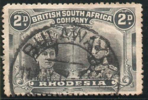 Rhodesia BSA COY 1910 double head 2d black and greyish black vfu. SG 130. Cat £23 (2018)