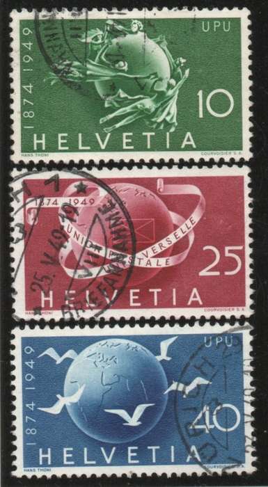 Switzerland 1949 UPU 75th Anniv set of 3 very fine used. SG 503-505. Cat £20,25 (2013)