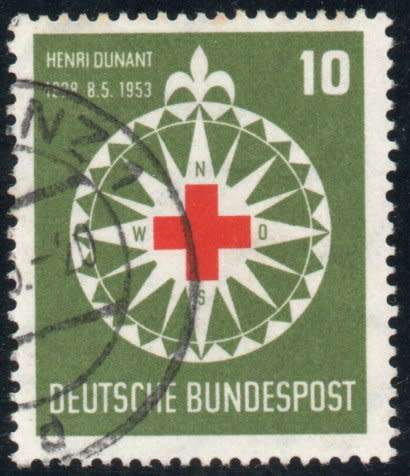 Germany 1953 Henri Dunant 125th birth anniv 10pf red and green vfu. SG 1090. Cat £8.75 (2013)