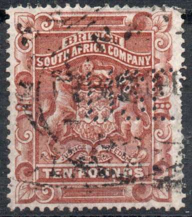 Rhodesia 1892 Definitive £10 brown revenue used. SACC 13 / SG 13. Barefoot 4. Cat £35 (2012)
