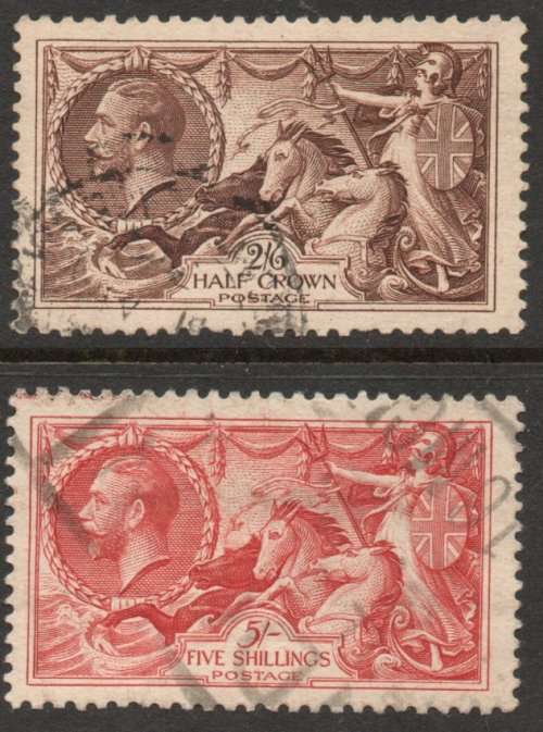 Great Britain 1934 KGV re-engraved `Sea Horses` 2/6d and 5/- very fine used. SG 450-451. Cat £125