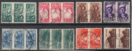 South Africa 1942-44 Small War set of 8 (4 pairs and 4 triples) used. SACC 95-102. Cat R403.