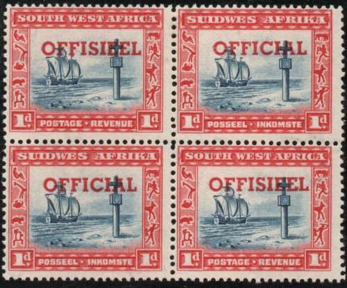 South West Africa 1951 Official 1d block of 4 with transposed ovpt. SACC 24a. Cat R4000. (2019-20)