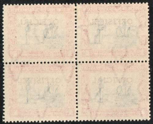 South West Africa 1951 Official 1d block of 4 with transposed ovpt. SACC 24a. Cat R4000. (2019-20)