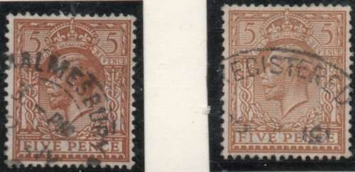 Great Britain 1912-24 KGV Defin 5d shades vfu. SG 381 and 382. Cat £10 (2022)