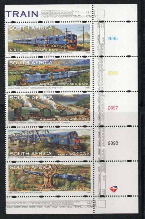 South Africa 1997 Blue Train control strip of 5 unmounted mint. SACC 1051-55. Cat R250 (2023-25)