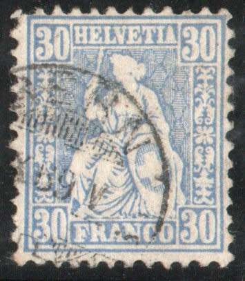 Switzerland 1862 Definitive 30c blue very fine used. SG 65a. Cat £14,50 (2012)