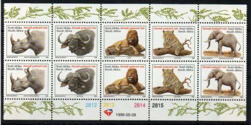 South Africa 1996 Big Five Sheet of 10 unmounted mint. SACC 941-5. Cat R400 (2023-25)