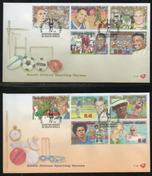 South Africa 2001 SA Sporting Heroes set of 10 on 2 First Day Covers 7.10 - 7.11. Cat R100 (2023-25)