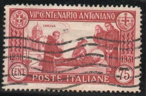 Italy 1931 `700th Death Anniversary of St Antony` 75c lake fine used. SG 308. Cat £10,50 (2012)