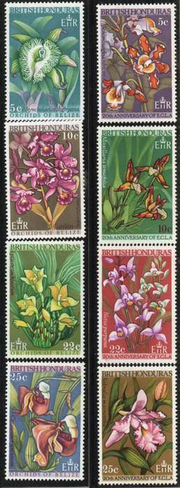 British Honduras 1969 and 1970 Orchids 2 sets of 4 mounted mint. SG 268-71, 287-90. Cat £5,50 (2013)